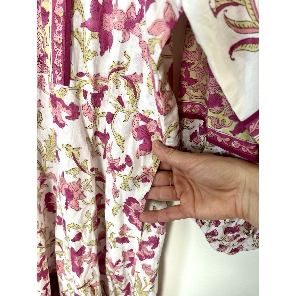 SUE SARTOR Anthropologie Long-Sleeve Flounce Dress Pink Peridot Dahlia Floral L - Picture 13 of 16